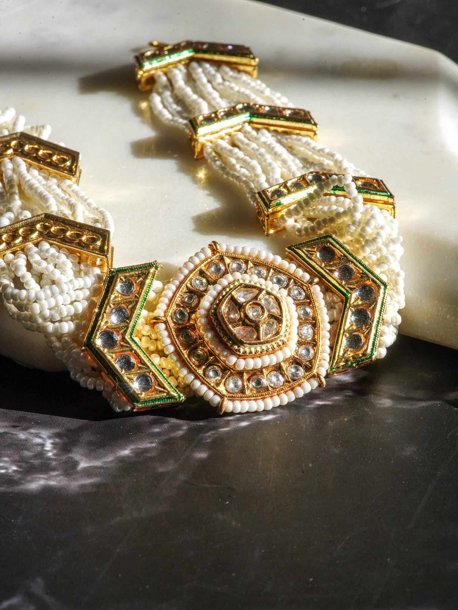 Gold moissanite polki mathapatti with ivory beading for Indian jewelry wear from Inaury