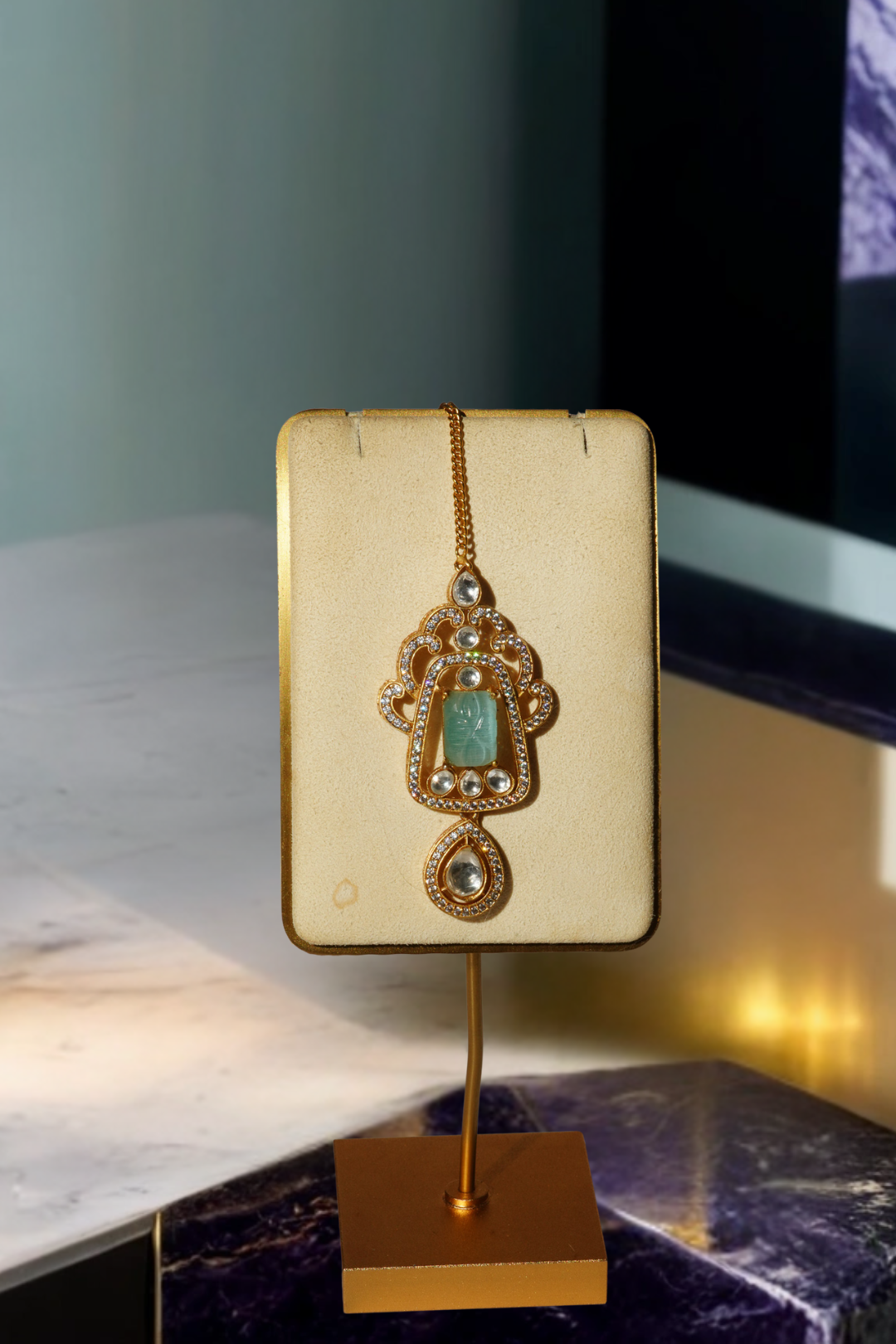 Siham Indian bridal jewelry set with moissanite polki stones, gold plating, turquoise centerpiece, and green accents