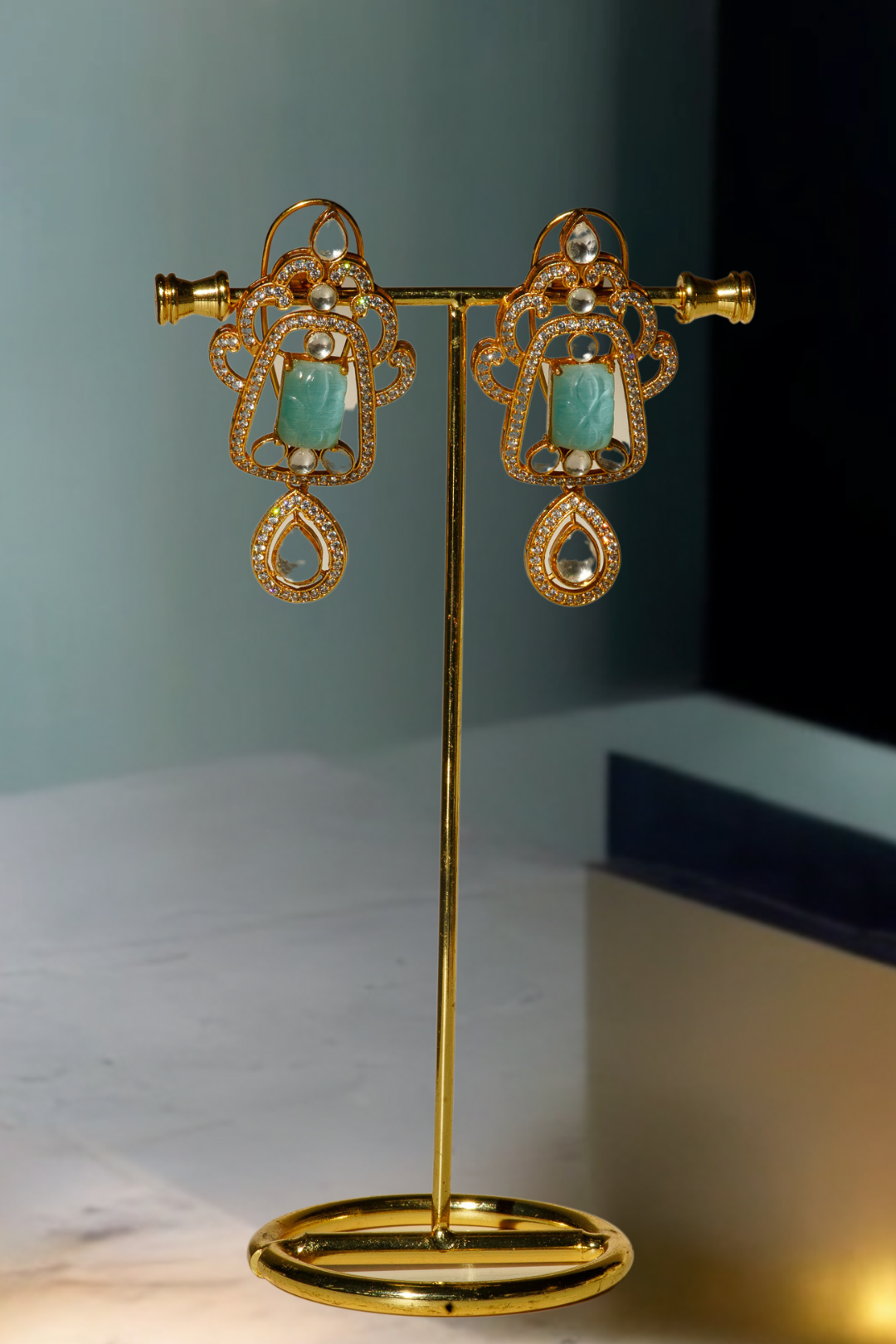 Siham Indian bridal jewelry set with moissanite polki stones, gold plating, turquoise centerpiece, and green accents