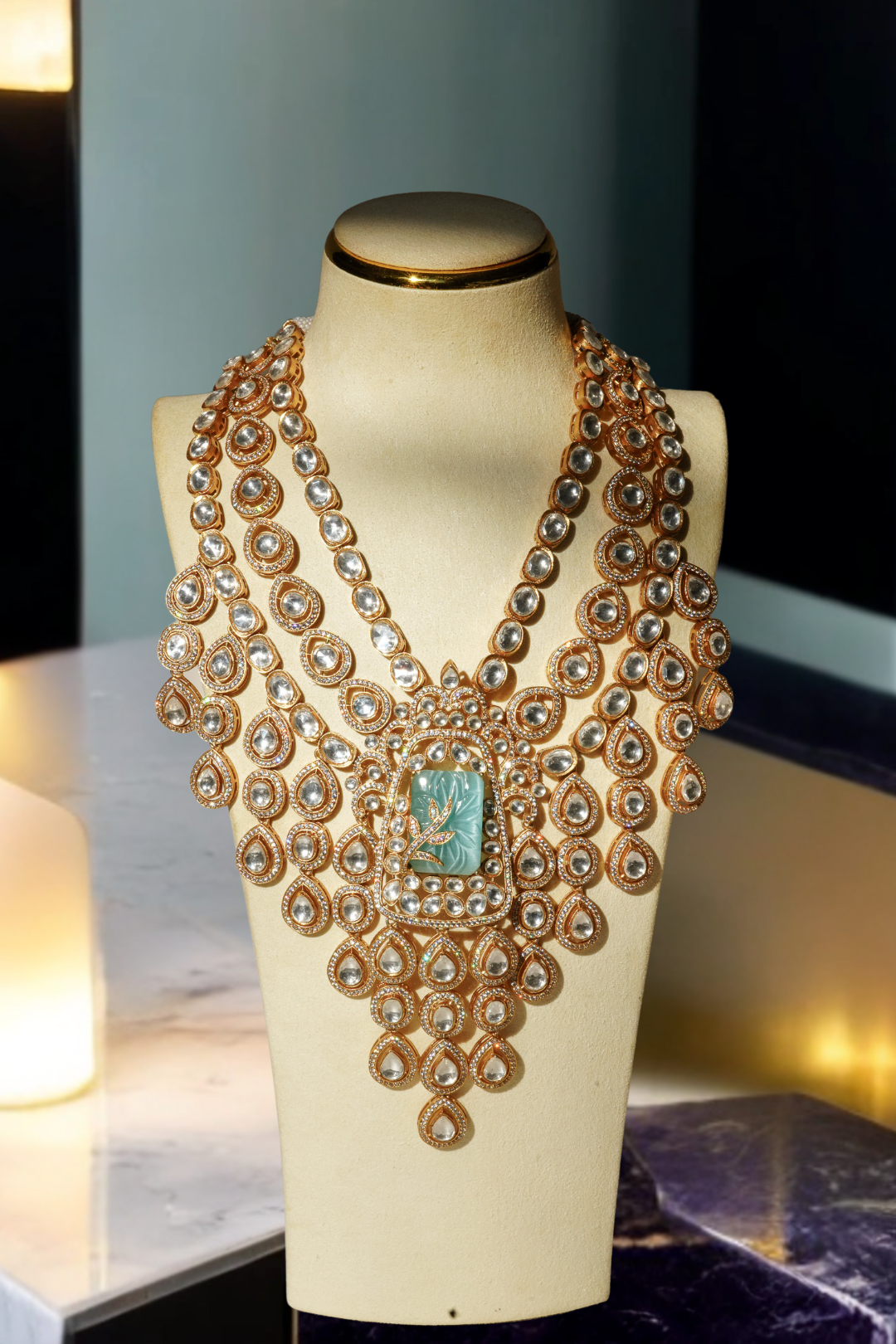Siham Indian bridal jewelry set with moissanite polki stones, gold plating, turquoise centerpiece, and green accents