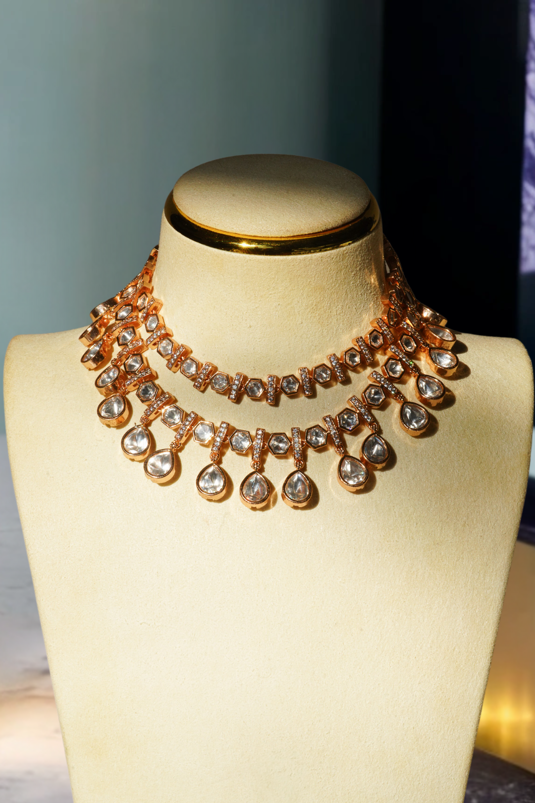 Siham Indian bridal jewelry set with moissanite polki stones, gold plating, turquoise centerpiece, and green accents
