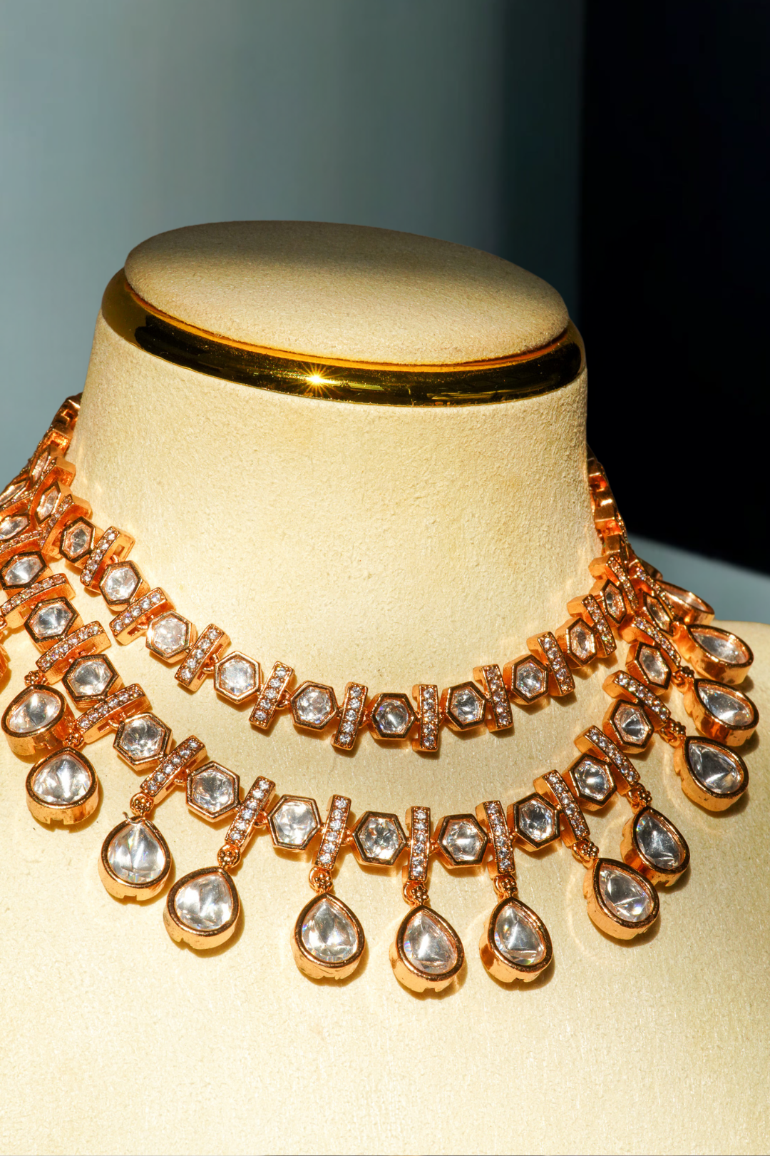 Siham Indian bridal jewelry set with moissanite polki stones, gold plating, turquoise centerpiece, and green accents