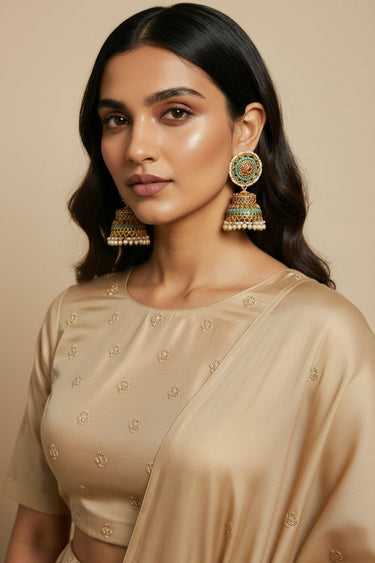 Turquoise Blue Navratan Zircon Gold Plated Jhumka Earrings - Samreen