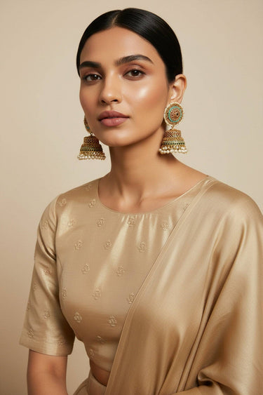 Turquoise Blue Navratan Zircon Gold Plated Oversized Jhumka Earrings - Samreen