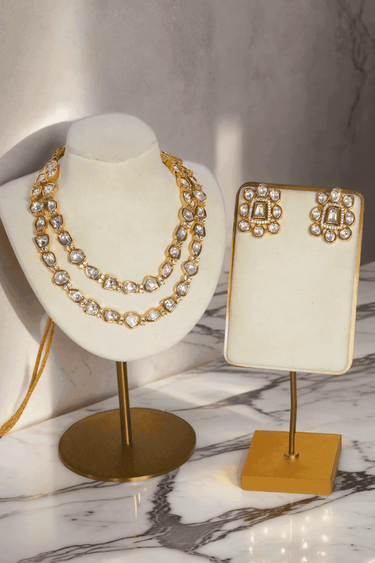 Siri Minimal Gold Plated Moissanite Polki Necklace Set with a double-strand design and matching floral pattern stud earrings.
