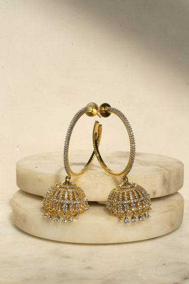 Inaury Subha modern hoop jhumka earrings in gold plating with white AD diamante stones – South Asian fusion jewelry