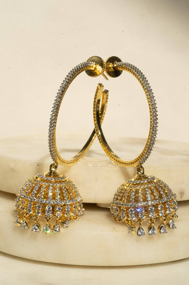 Inaury Subha modern hoop jhumka earrings in gold plating with white AD diamante stones – South Asian fusion jewelry