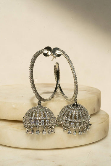 Inaury Subha modern hoop jhumka earrings in rhodium plating with white AD diamante stones – South Asian fusion jewelry