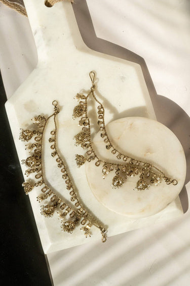 Suhani mehendi gold earring chains with filigree jhumkas and kundan details – pair