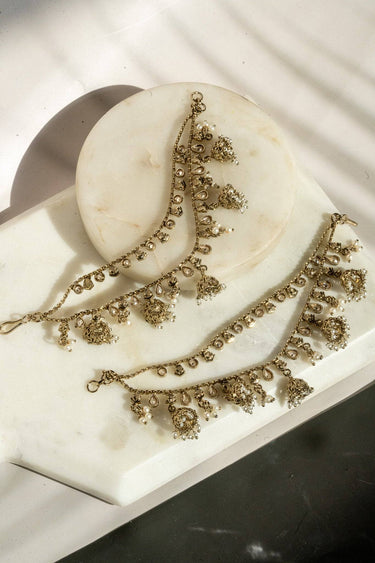 Suhani mehendi gold earring chains with filigree jhumkas and kundan details – pair