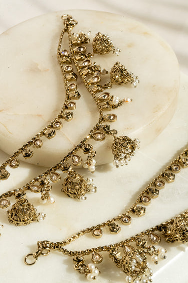 Suhani mehendi gold earring chains with filigree jhumkas and kundan details – pair