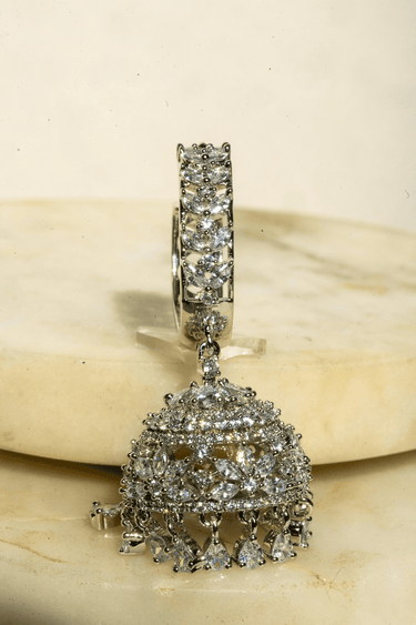 Tarin AD Diamante Jhumka Earrings in silver finish