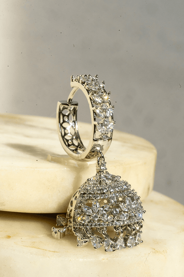 Tarin AD Diamante Jhumka Earrings in silver finish
