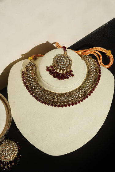 Handcrafted Zircon Crystal Choker Necklace Set with Jhumka Maang Tikka - Urooj
