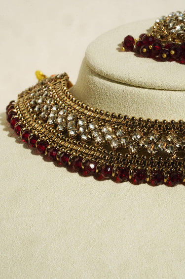 Handcrafted Zircon Crystal Choker Necklace Set with Jhumka Maang Tikka - Urooj