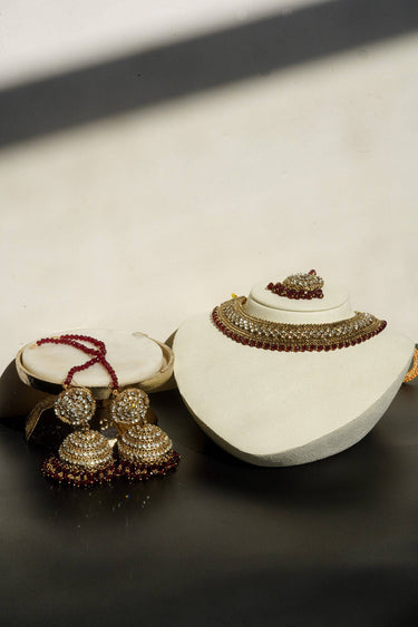 Handcrafted Zircon Crystal Choker Necklace Set with Jhumka Maang Tikka - Urooj