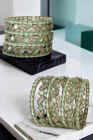 Rhodium-plated mint green Indian bangle set by Inaury