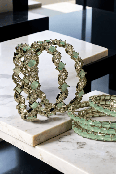 Rhodium-plated mint green Indian bangle set by Inaury