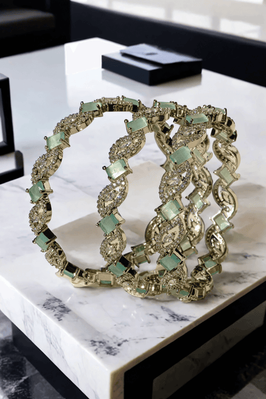 Rhodium-plated mint green Indian bangle set by Inaury