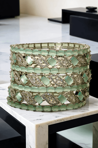 Rhodium-plated mint green Indian bangle set by Inaury