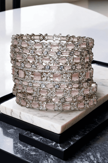 Zahira Rhodium-Plated Bangle Set - 9-piece set with blush pink stones and crystal accents