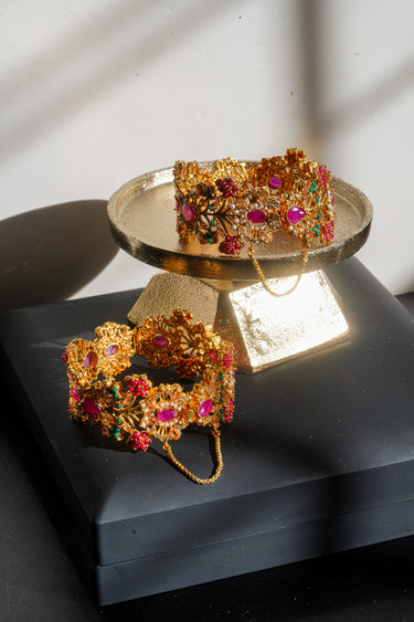 Gold Navratan Openable Bangle Set of 2 – Ruby, Green or Blue | Ziya