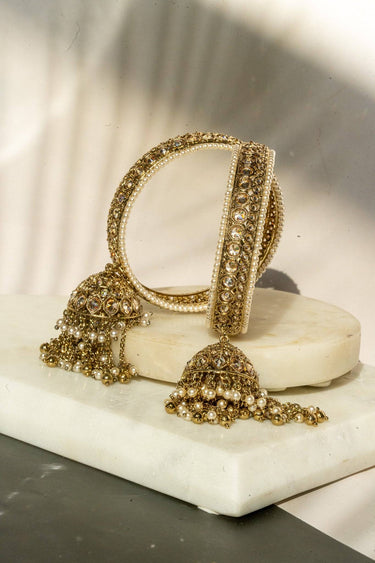 Antique mehendi gold bangle set with reverse AD stones and jhumka tassels from Inaury