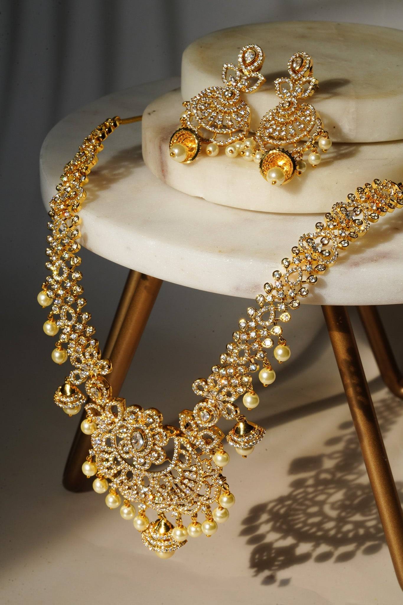 Anika - Luxurious Gold AD Necklace Set Long Necklace Set from Inaury