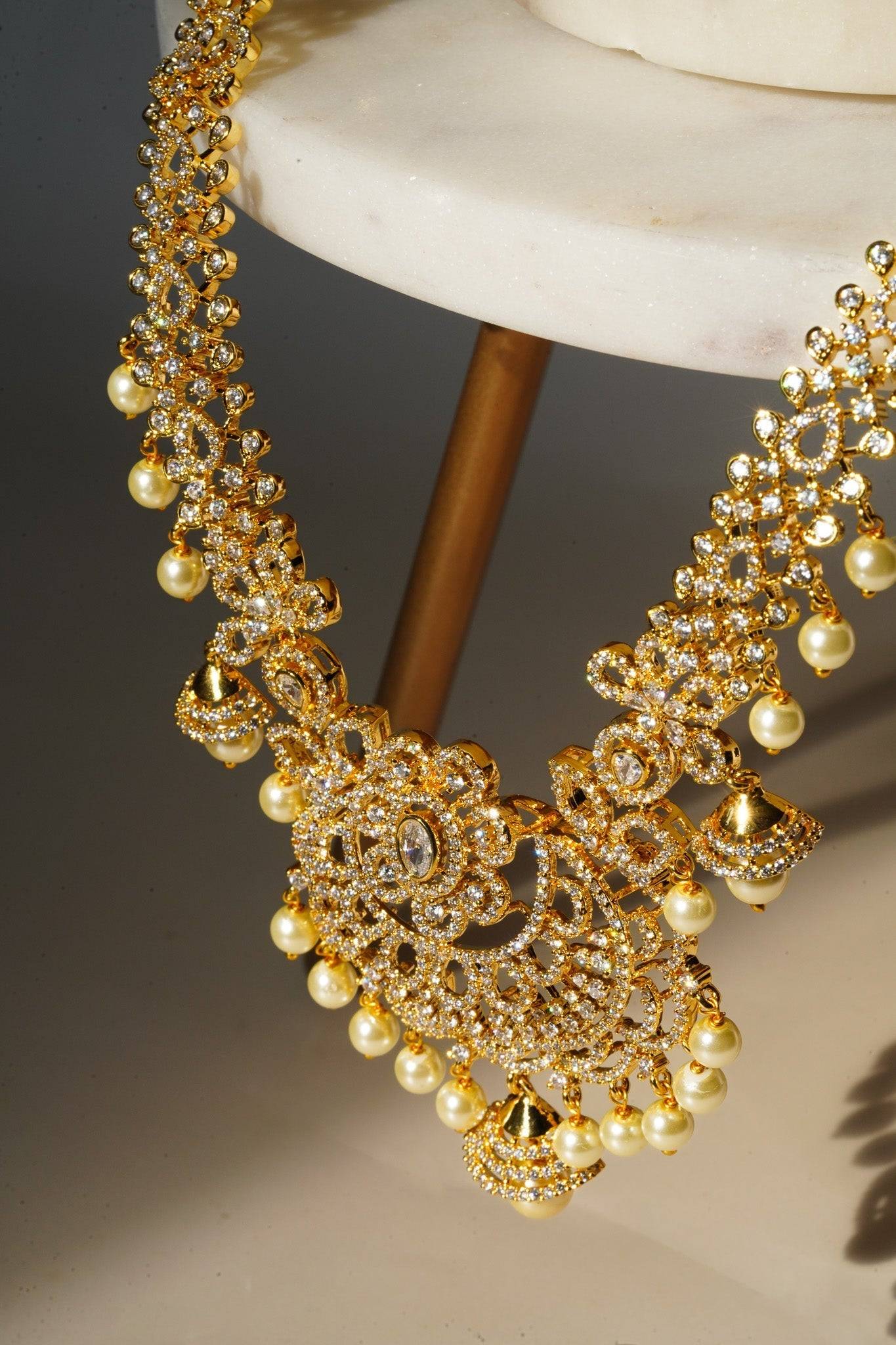 Anika - Luxurious Gold AD Necklace Set Long Necklace Set from Inaury