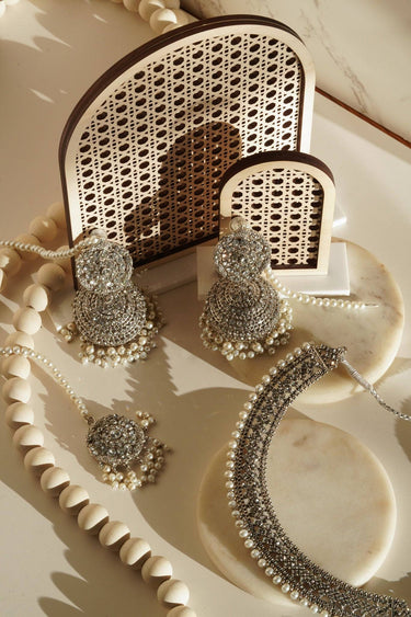 Silver-toned handcrafted necklace and earring set with intricate detailing - South Asian jewelry - Inaury