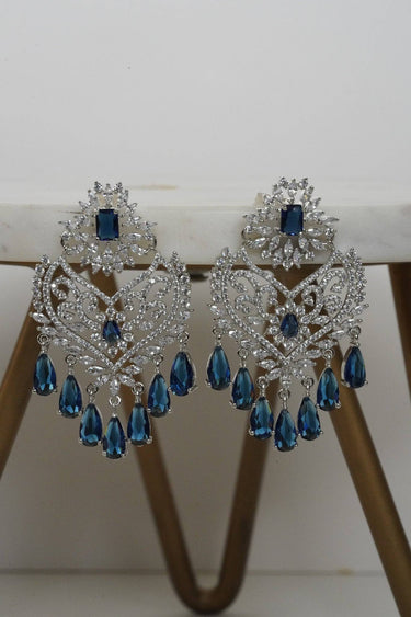 Aleena AD Chandbali Earrings - Rhodium plated with Diamante accent AD-CZ stones, 2.2 inches long, featuring a crescent moon shape, perfect for any occasion.