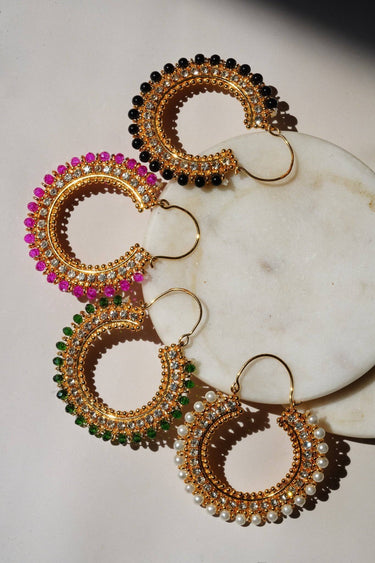 Aliza Handcrafted Chandbali Hoop Earrings - Lightweight, 2.7-inch drop, adorned with zircon stones and intricate beaded rims, available in various captivating colors.