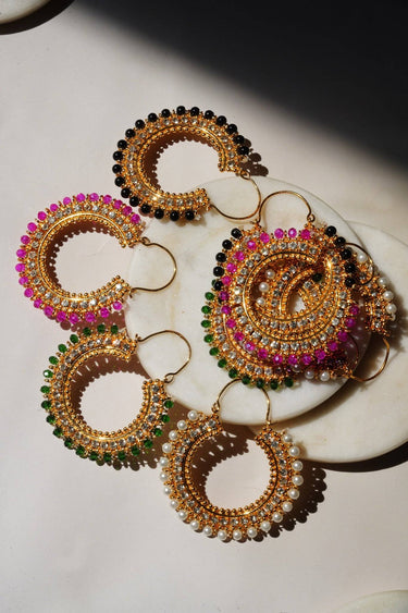 Aliza Handcrafted Chandbali Hoop Earrings - Lightweight, 2.7-inch drop, adorned with zircon stones and intricate beaded rims, available in various captivating colors.