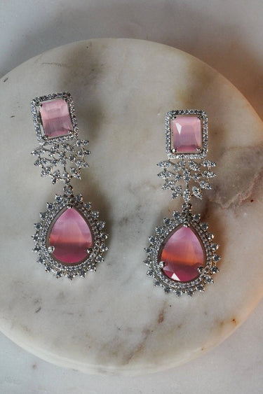 Amore Double Layer AD Necklace Set - Rhodium-plated with sparkling AD stones, available in sapphire blue or pink, featuring matching earrings and a double-layered design.