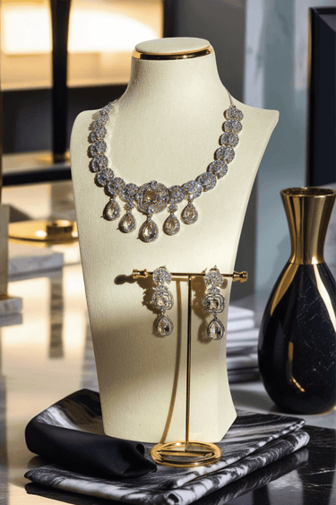 Aneesha Diamante Accent AD Necklace Set - Rhodium-finished with emerald green, maroon, or dusty pink accents, featuring a statement necklace and matching earrings.