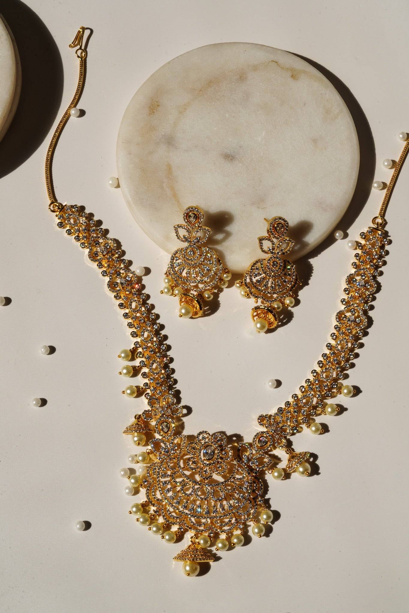 Anika - Luxurious Gold AD Necklace Set Long Necklace Set from Inaury