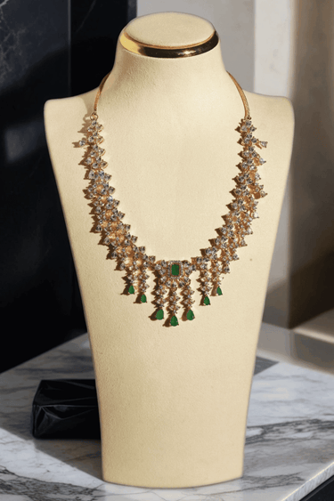 Anne Diamante Accent AD Necklace Set - Rose gold plated with cascading design, featuring diamante accent AD stones and matching dainty earrings, available in rose gold & white, rose gold & pink, rose gold & green, rose gold & sapphire blue, and rose gold & maroon.