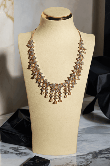 Anne Diamante Accent AD Necklace Set - Rose gold plated with cascading design, featuring diamante accent AD stones and matching dainty earrings, available in rose gold & white, rose gold & pink, rose gold & green, rose gold & sapphire blue, and rose gold & maroon.