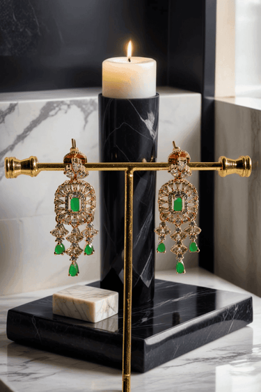 Anne Diamante Accent AD Necklace Set - Rose gold plated with cascading design, featuring diamante accent AD stones and matching dainty earrings, available in rose gold & white, rose gold & pink, rose gold & green, rose gold & sapphire blue, and rose gold & maroon.