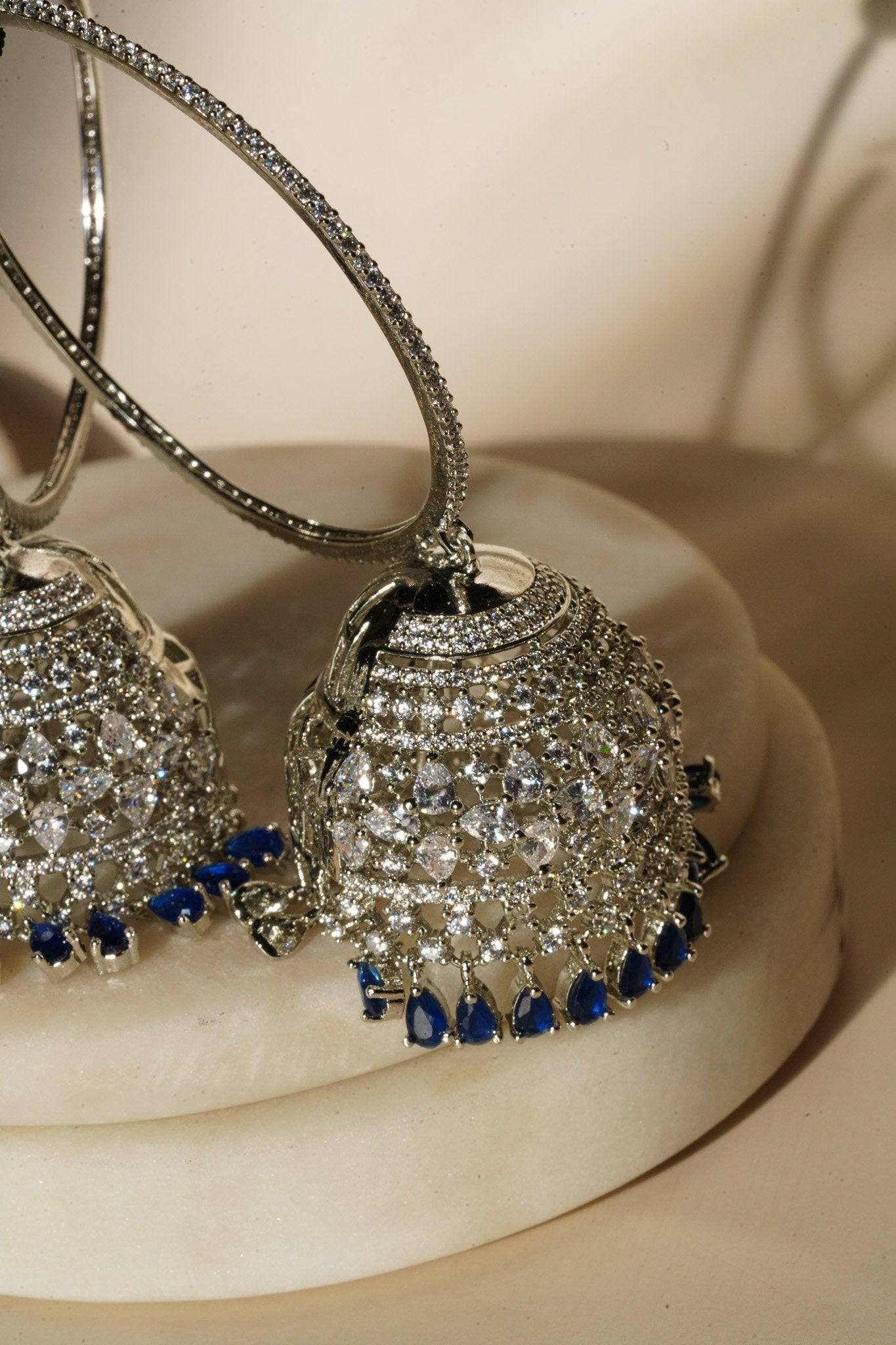 Daania- Hoop Style AD Jhumka Earrings With Navy Stones Jhumkas from Inaury