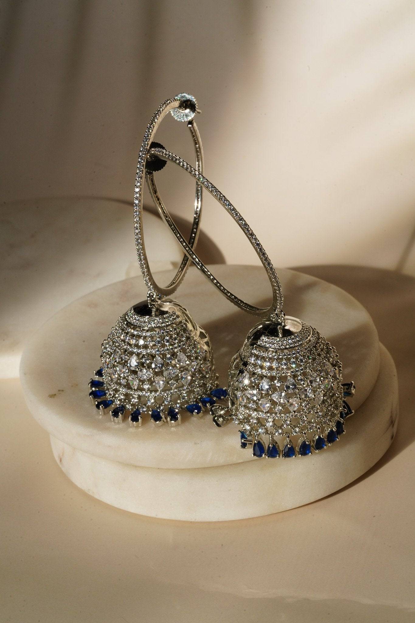 Daania- Hoop Style AD Jhumka Earrings With Navy Stones Jhumkas from Inaury
