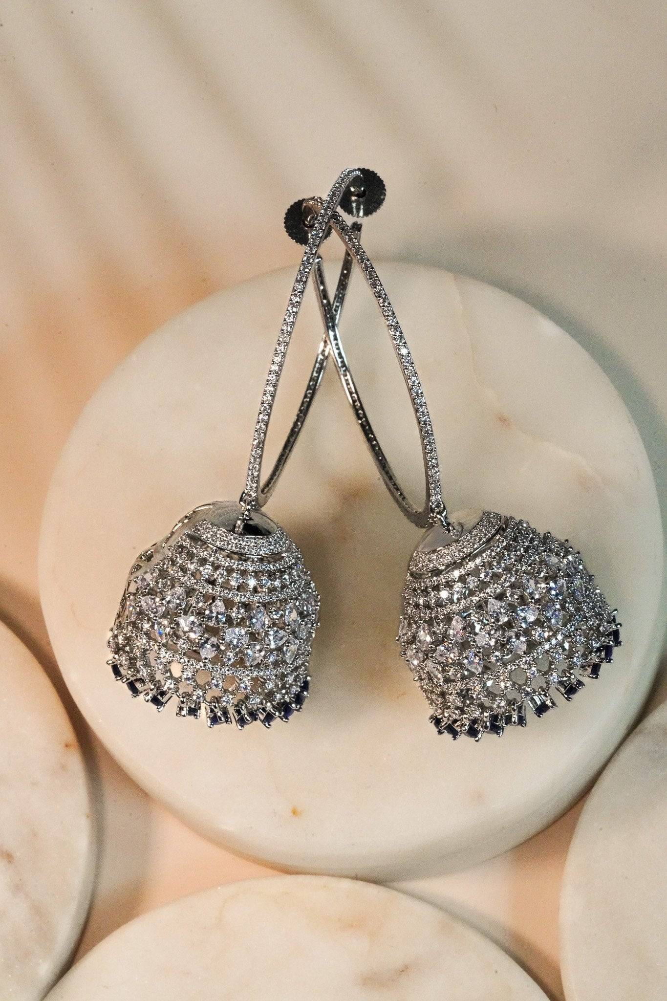 Daania- Hoop Style AD Jhumka Earrings With Navy Stones Jhumkas from Inaury
