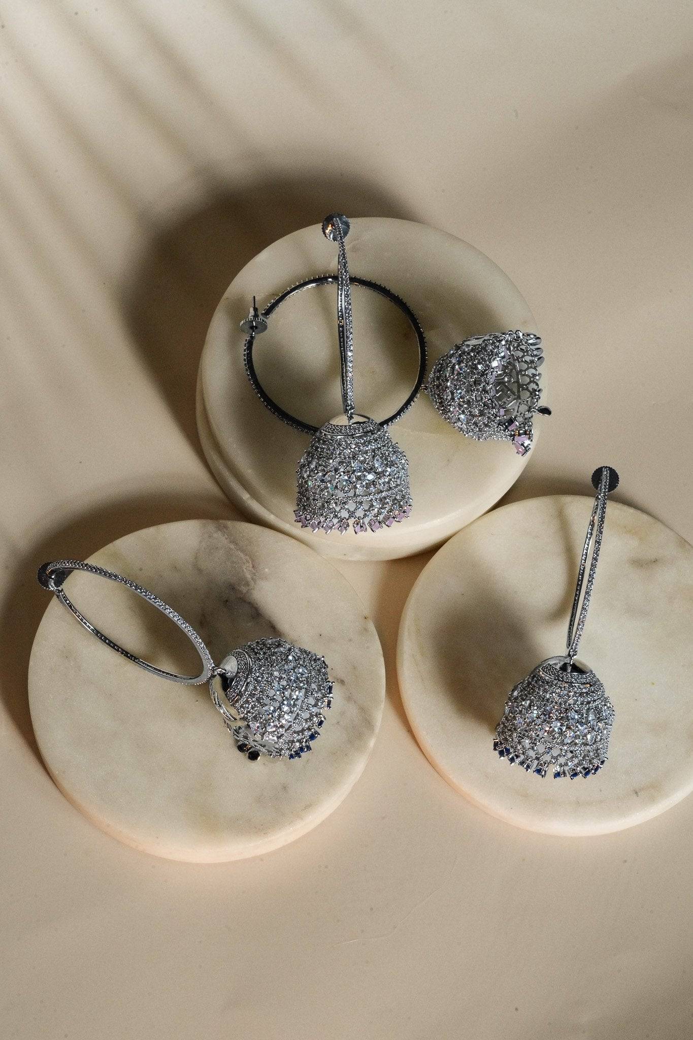 Daania- Hoop Style AD Jhumka Earrings With Navy Stones Jhumkas from Inaury