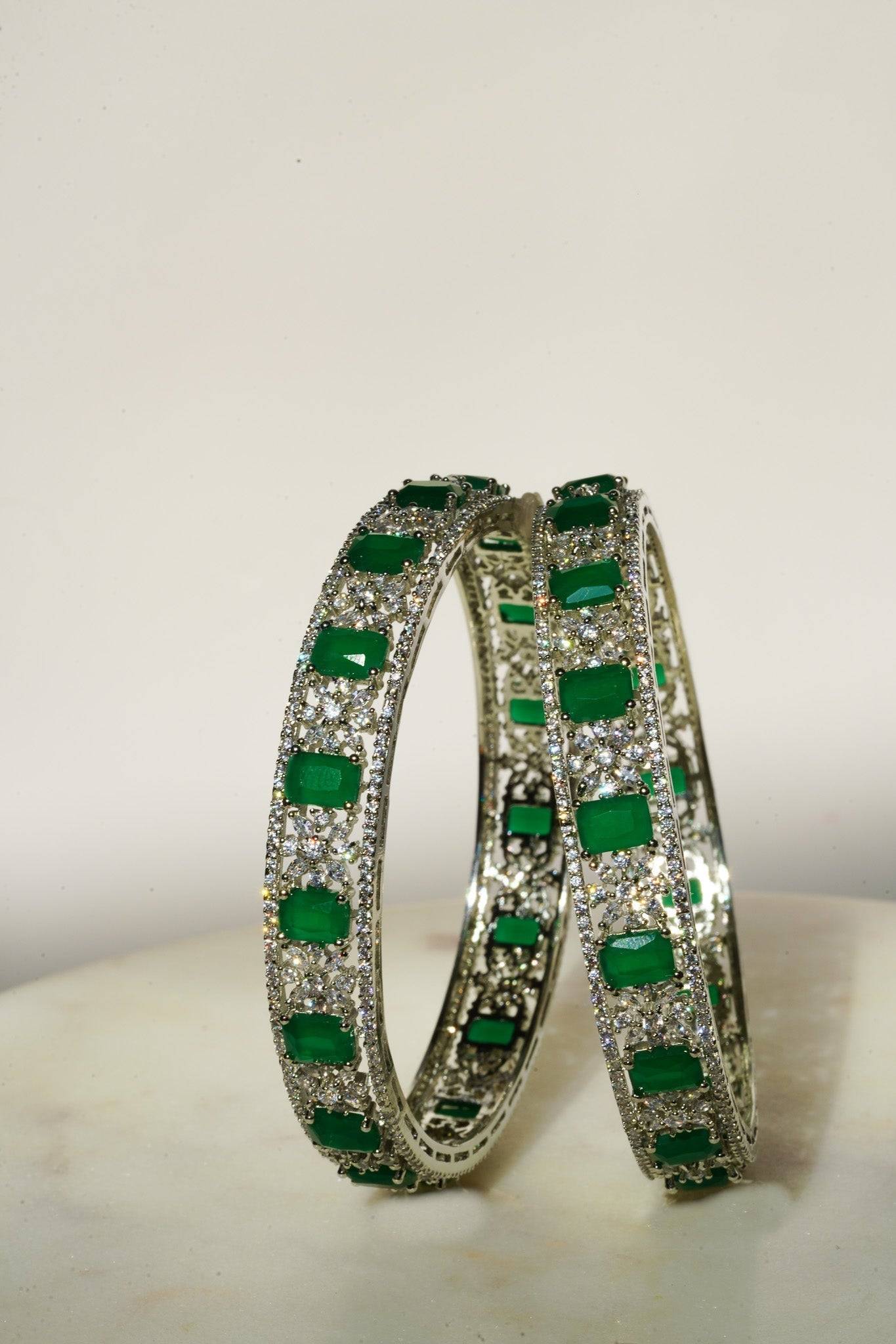 Ishani - Rhodium Plated & Green AD Bangles (Set of 2) Bangles from Inaury