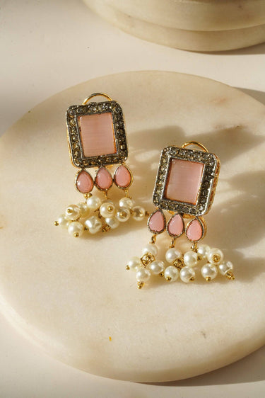 Jahanara Gold Plated Choker Necklace Set - Artisan crafted with cushion cut center stones, zircon rims, teardrop accents, 1.5" earrings, and a charming maang tikka.