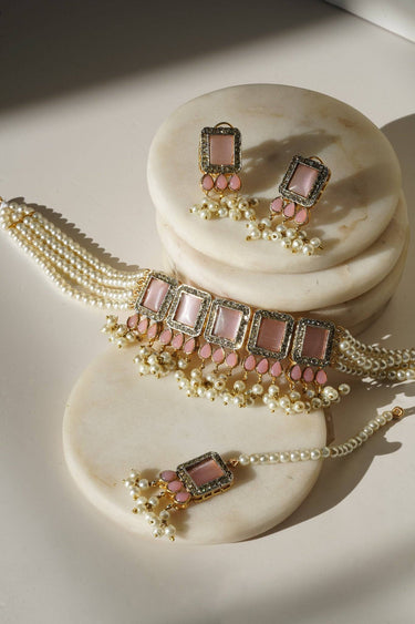 Jahanara Gold Plated Choker Necklace Set - Artisan crafted with cushion cut center stones, zircon rims, teardrop accents, 1.5" earrings, and a charming maang tikka.