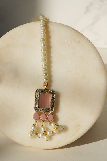 Jahanara Gold Plated Choker Necklace Set - Artisan crafted with cushion cut center stones, zircon rims, teardrop accents, 1.5" earrings, and a charming maang tikka.