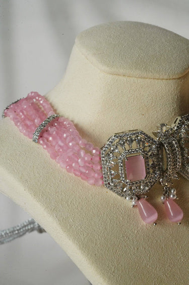 Jhanvi Choker Necklace Set - Silver & Gem Variations featuring cushion-cut AD stones with pink teardrop accents, includes matching earrings.