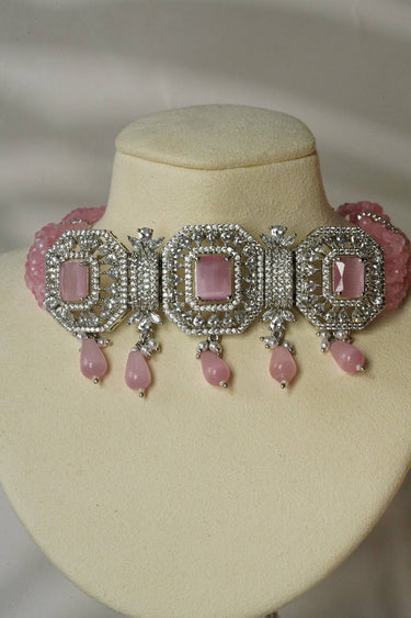 Jhanvi Choker Necklace Set - Silver & Gem Variations featuring cushion-cut AD stones with pink teardrop accents, includes matching earrings.