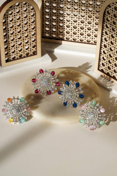 Keya Floral AD Ring - Rhodium-plated with AD stones in silver & ruby, silver & sapphire blue, silver & multicolor, and silver & pink/mint.